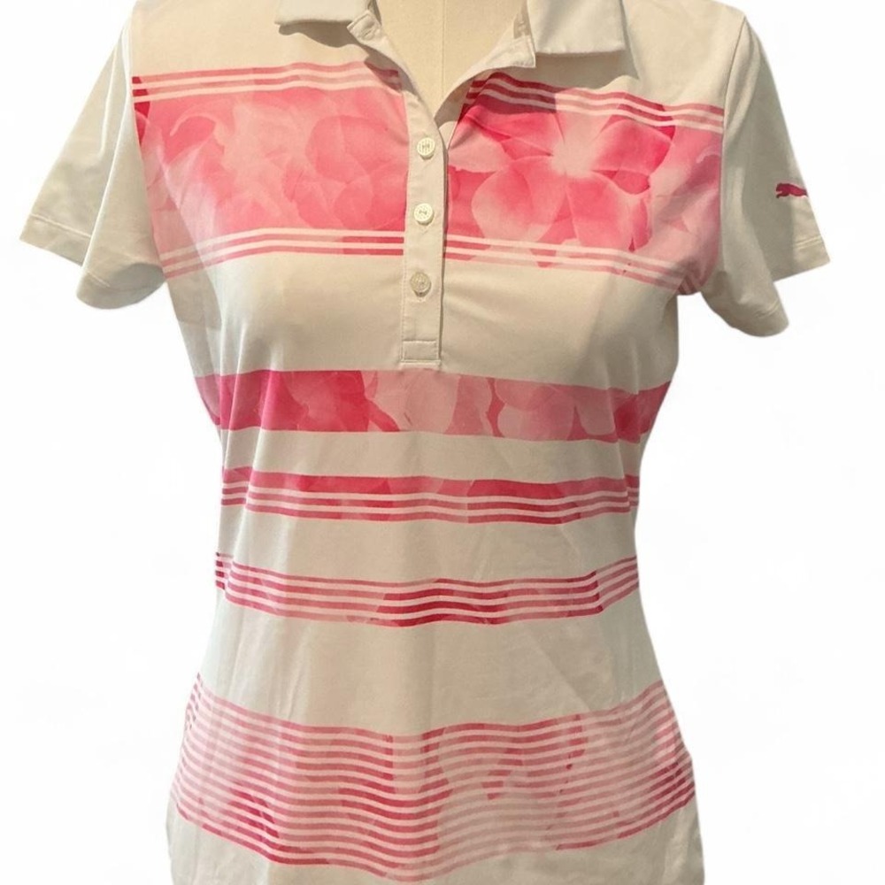 Puma Golf Polo Shirt Women Small White Pink Excellent Floral Striped DryCell